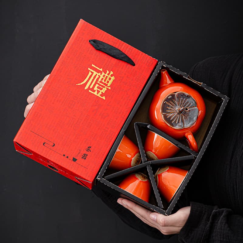 Persimmon Wishes" Gift Box Tea Set, One Pot and Four Cups with Logo Printing for Corporate Gifting