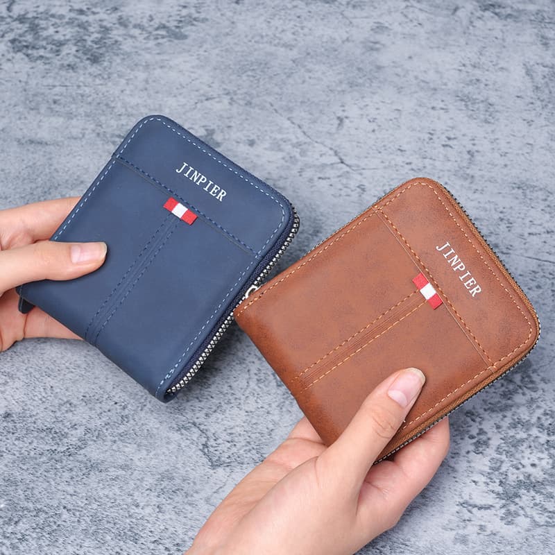 2026 new cross-border men's wallet short horizontal zipper three-fold coin purse retro casual buckle square bag