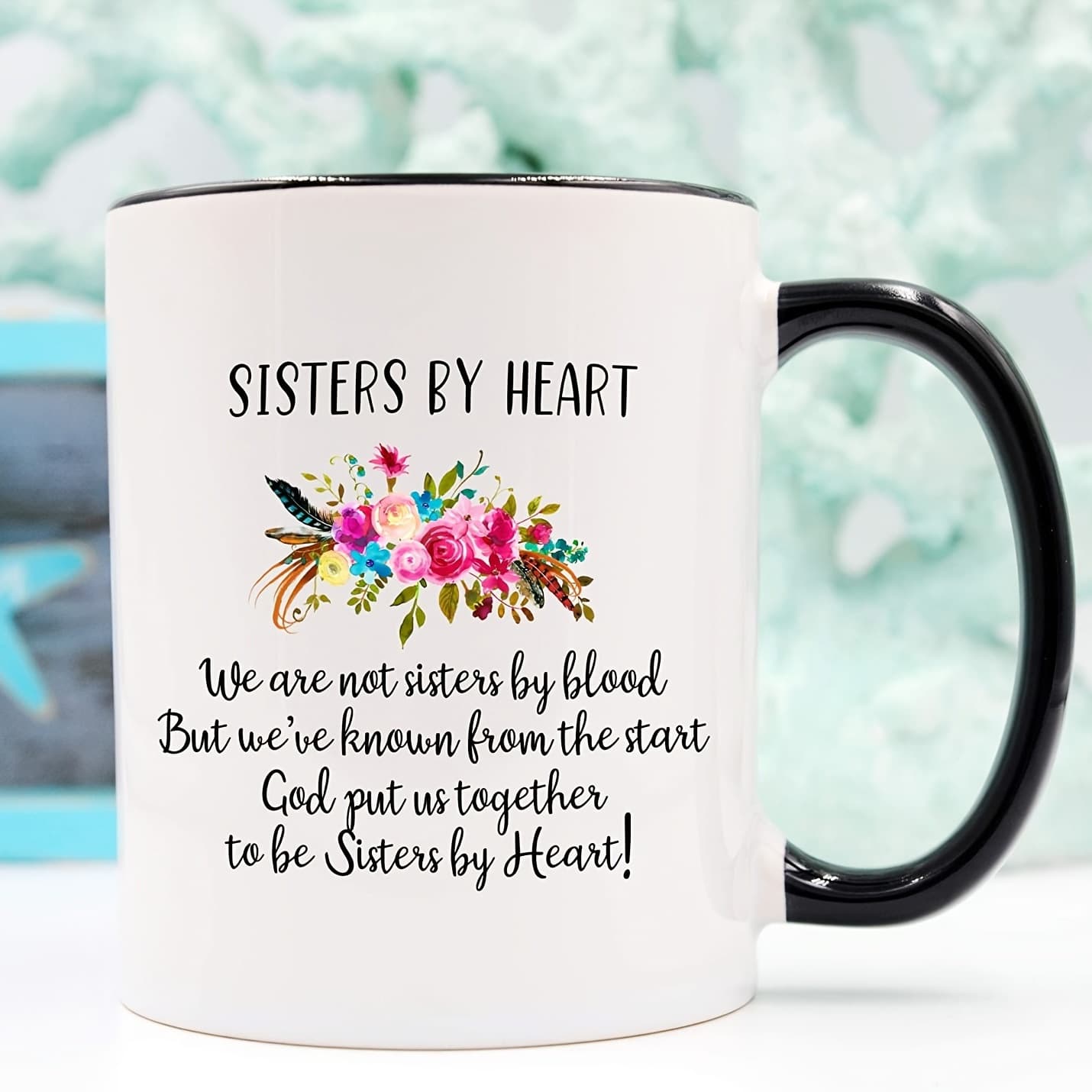 Cross-border Best-selling Sublimation Gift Mug with Round Handle, Inner Color White Cup SISTERS BY HEART Ceramic Mug