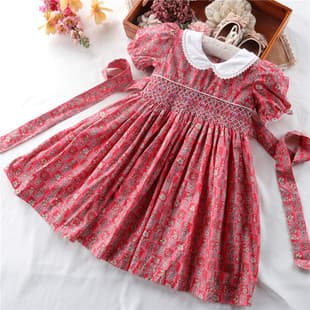 2026 Summer New Girls Short Sleeve Dress Hand Smocked Embroidery Floral Vintage Red Doll Collar Dress