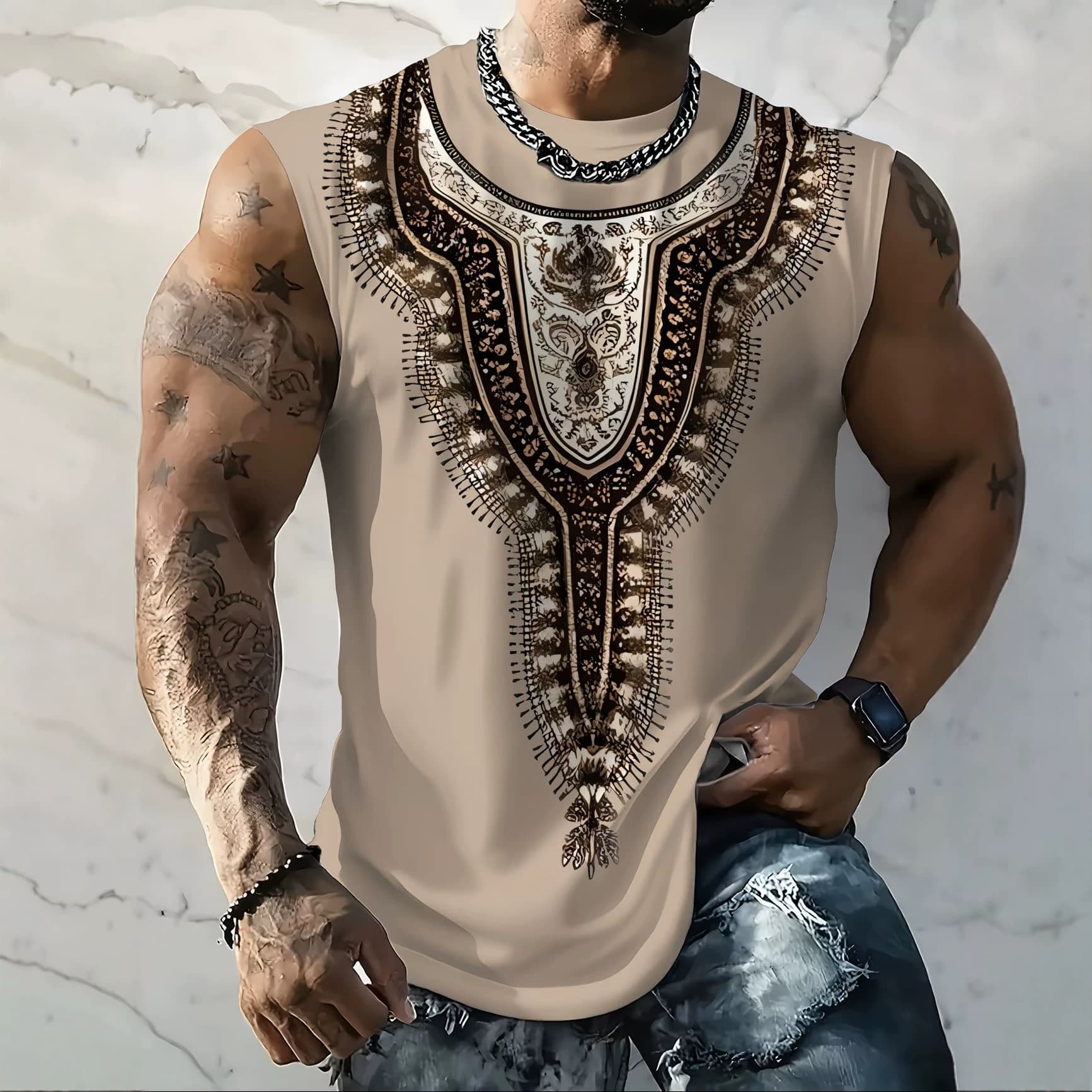 Amazon Export African Ethnic Vintage Printed Vest Men's Stand Collar Sleeveless Top Cross-border Drop Shipping