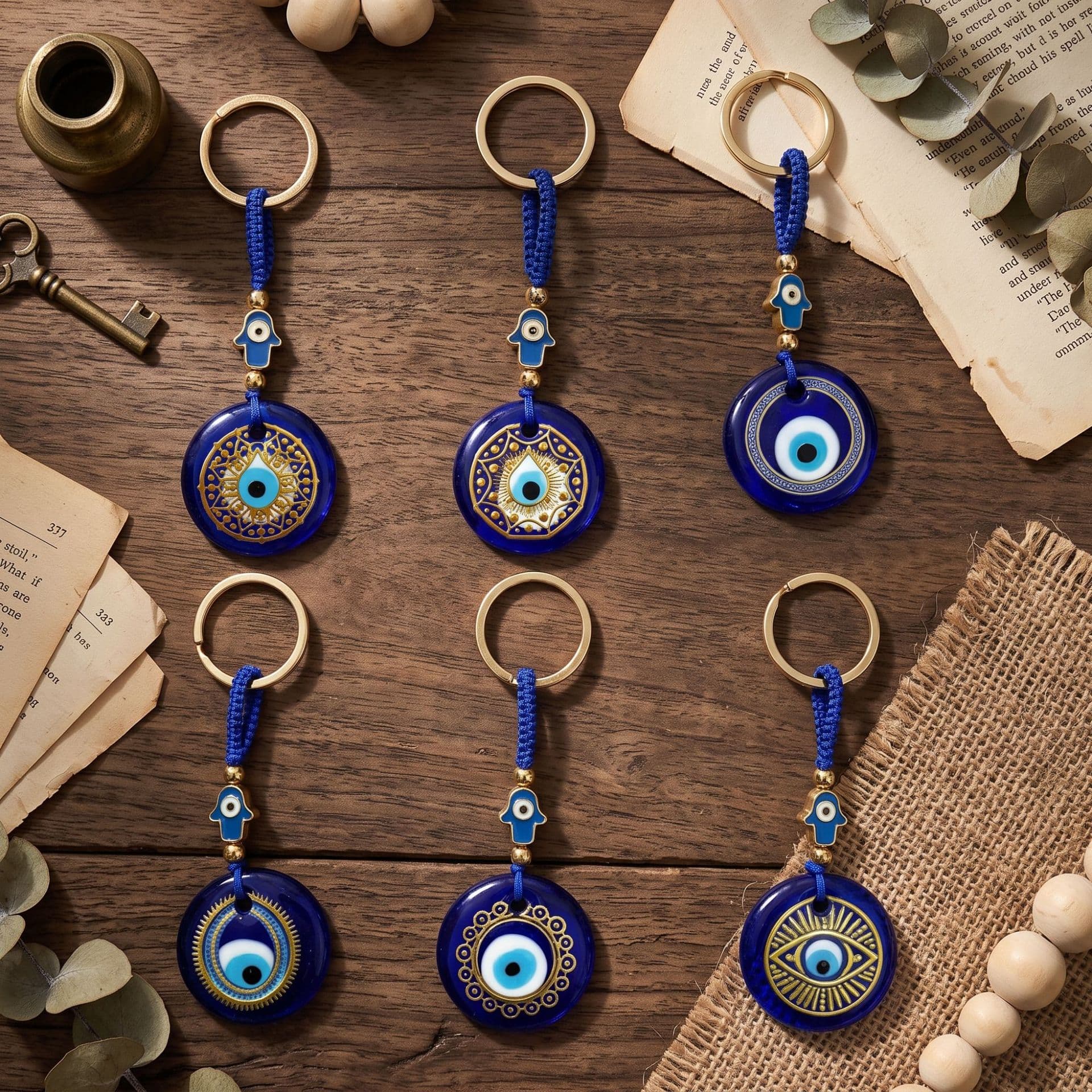 Blue glazed gilding Evil Eye Hamsa hand-woven rope keychain Middle Eastern Evil Eye glazed bag charm