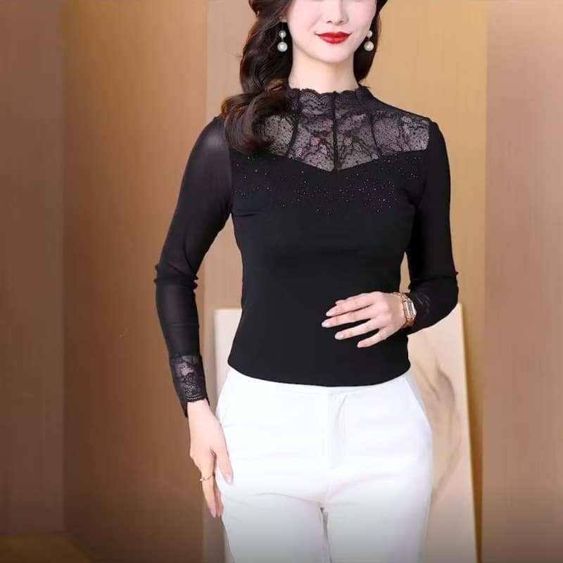 Drop Shipping Half Turtleneck Fleece Lace Base Tee for Women 2026 Spring New Trendy Hot Style Top