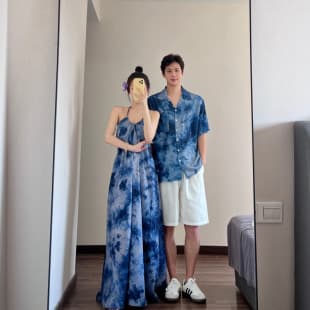 2025 Couple Summer Design Blue Tie-Dye Strapless Dress Vacation Style Short Sleeve Shirt
