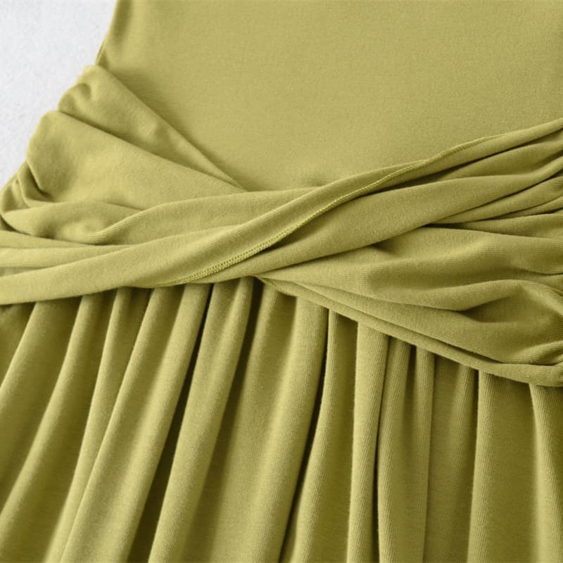 French Style Twisted Knot Mid-Sleeve Dress for Women, Summer Waist-Cinching Patchwork Design, Square Neck with Flowing Ribbon Long Dress