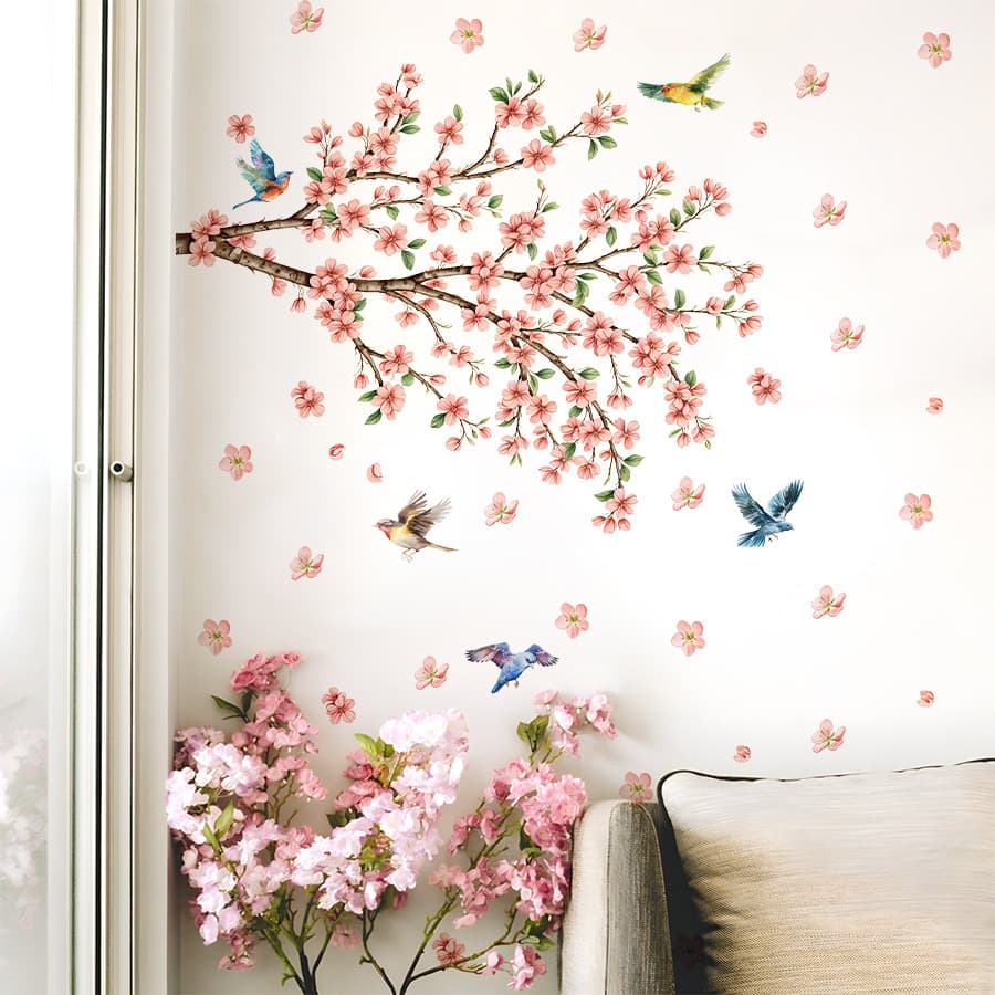 BR4304M spring hand-painted healing wind cherry blossoms and birds fresh atmosphere bedroom living room home decoration wall sticker