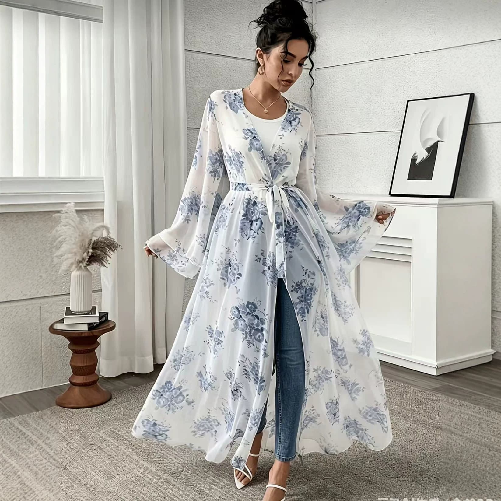 Plus Size Women's Summer Thin Chiffon Long Cardigan with Tie Waist, V-Neck, Vacation Sun Protection Daily Cardigan