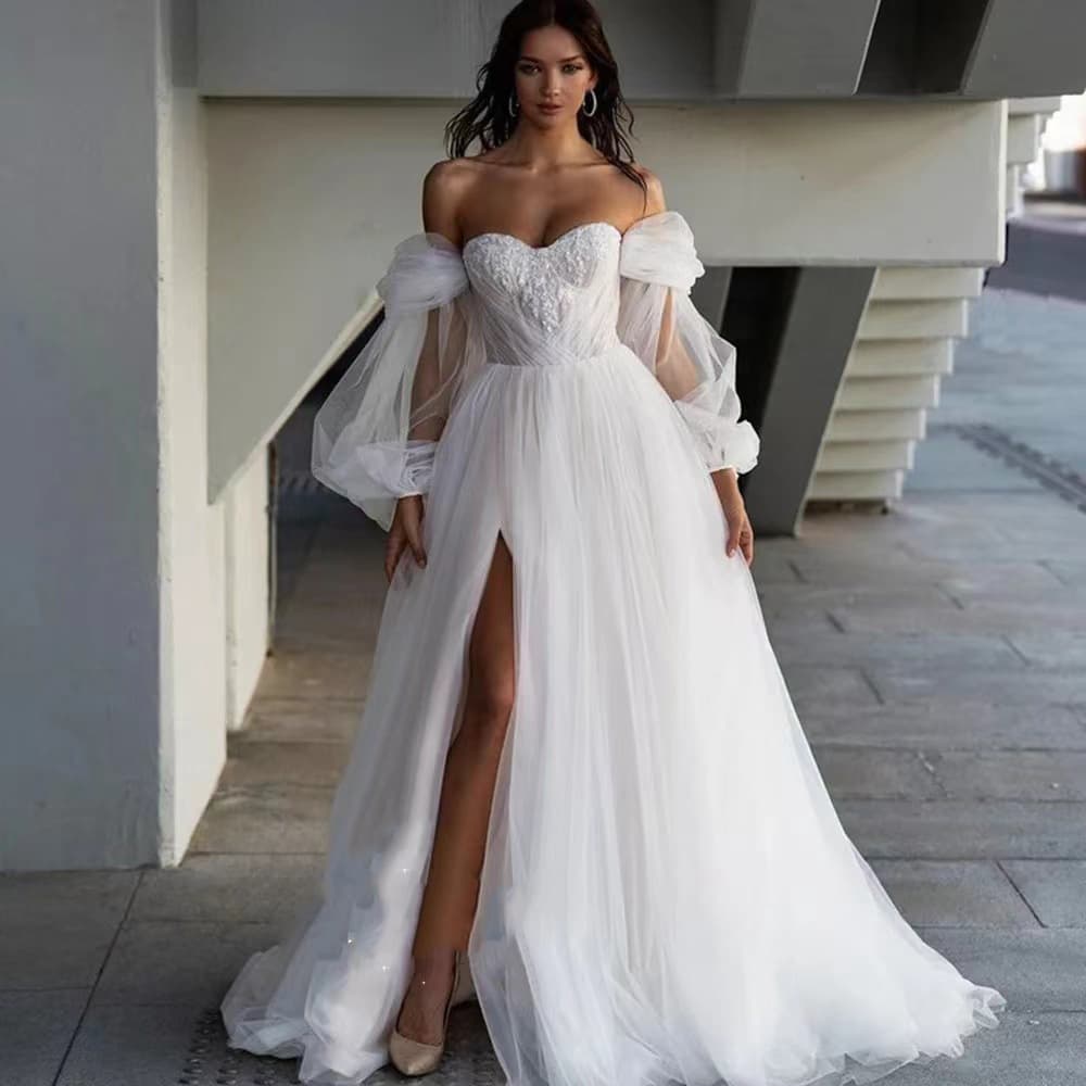 French tube top, off-shoulder light wedding dress, lace waist, high slit, welcome yarn, trailing travel photo, bridal main yarn dress for women