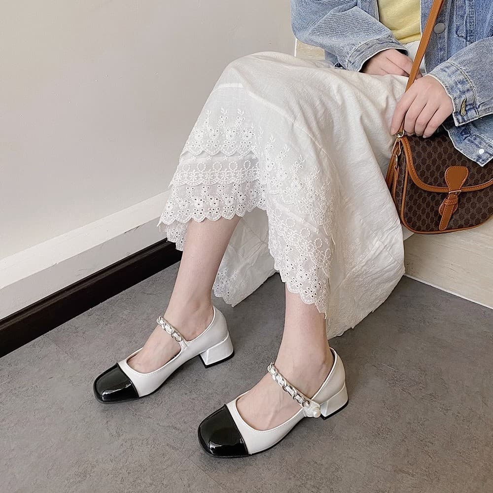 French Retro Mary Jane Leather Shoes Women 2025 Summer New Buckle Pumps Chunky Heel Fashion Color-Block High Heels