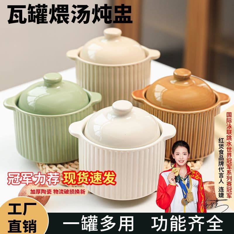 Ceramic Double-Ear Stewing Pot with Lid for Steaming Bird's Nest and Eggs, Home Soup Pot, Casserole for Sand County Snacks and Desserts