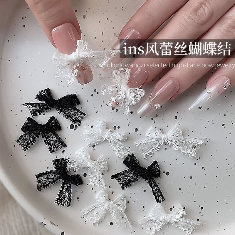 Lace Mesh Bow Finished Nail Art Decoration Pure Desire Ins Style Black and White Lace Ribbon Fabric Bow