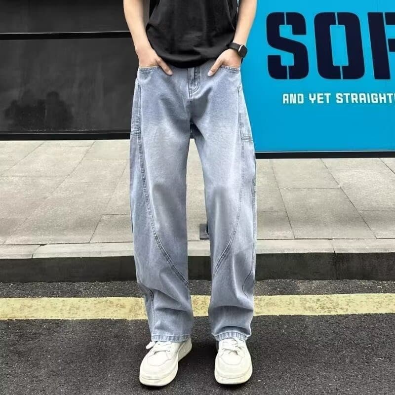 Blue bias-cut machete jeans for men, summer American high street vibe pants, narrow version, slim straight overalls