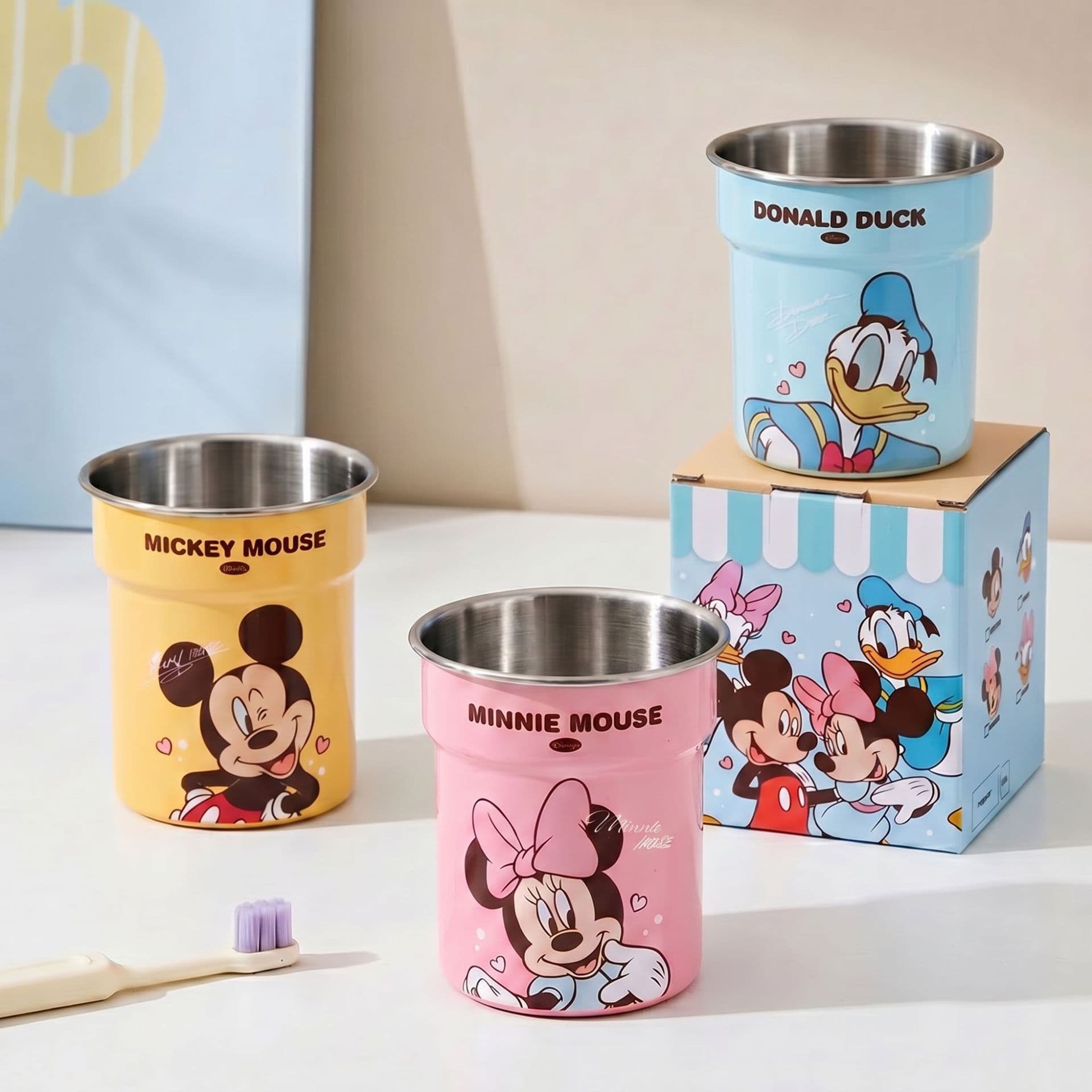 Disney genuine Mickey stainless steel mouthwash cup children's anti-fall toothbrushing cup household cartoon wash cup