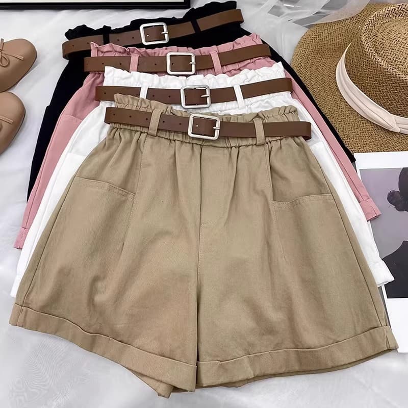 High-waisted cargo shorts, summer thin Korean-style versatile bud curled small casual wide-leg pants