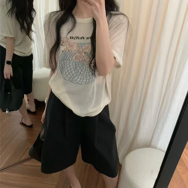 Lyocell Tencel Linen Short Sleeve Knit Top for Women, Round Neck Loose Casual Versatile Short Sleeve Top for Summer