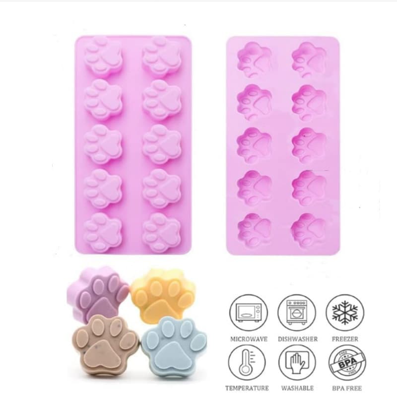 Non-stick food-grade silicone molds for puppy paws and bones, suitable for dog treats, cupcakes, and baking.