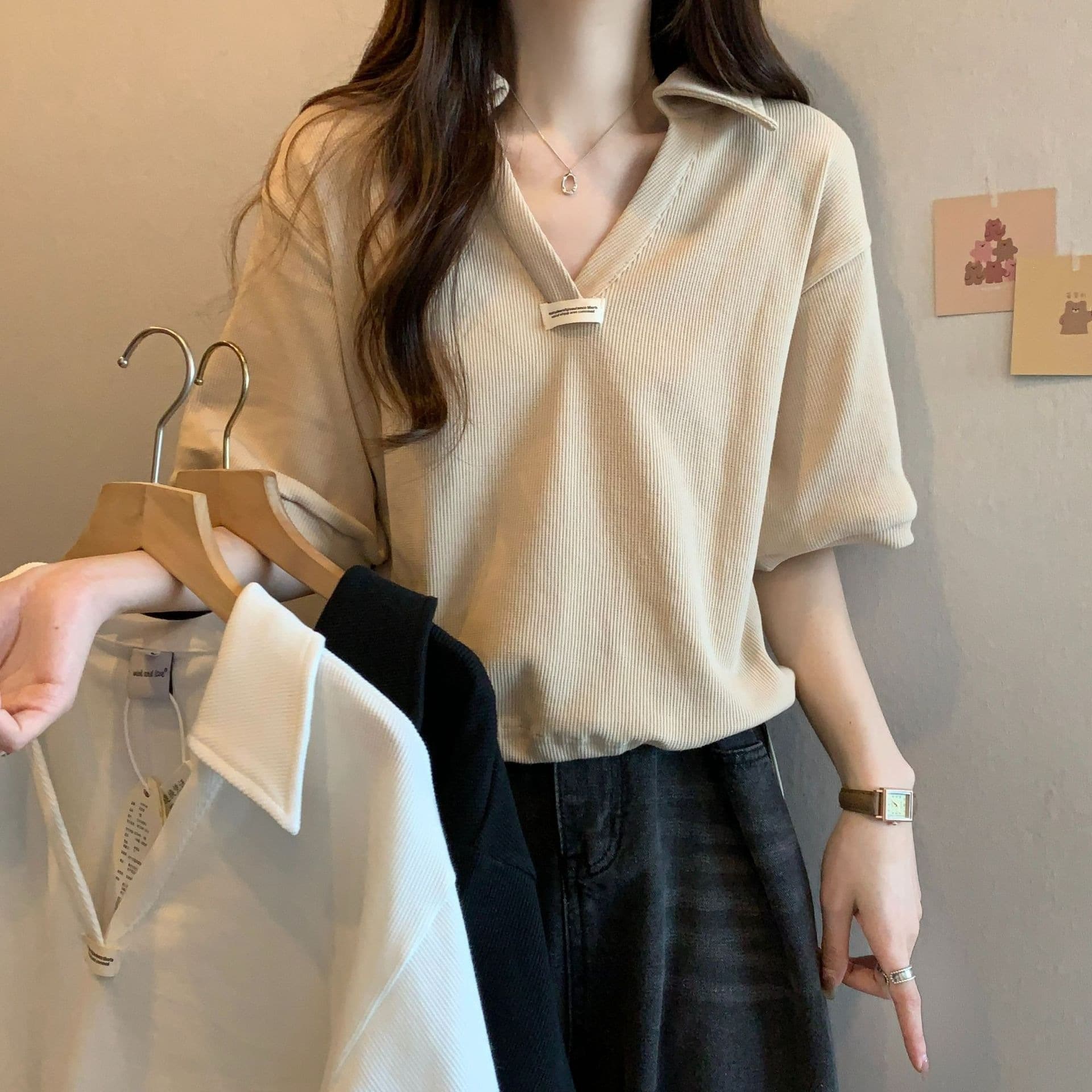 Cross-border Polo collar drawstring cotton short-sleeve T-shirt for women, summer, ins style, loose fit, slimming, petite short length V-neck half sleeve