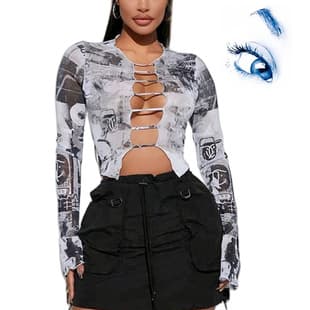 Amazon Printed Mesh Blouse Shirt for Women, European and American Sexy Hollow Ruffle Trim Y2K Long Sleeve Top for Women