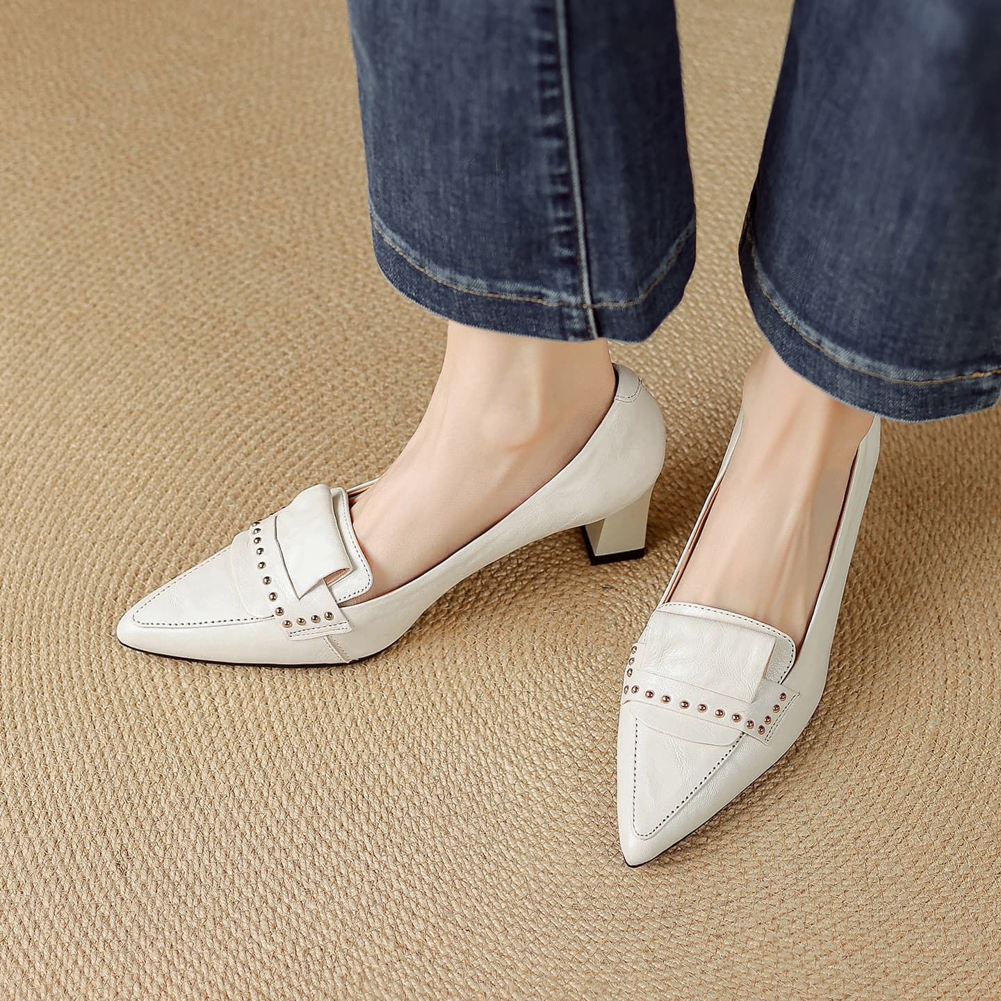 6cm ~ High Heel Women Hand-Grasped Sheepskin Pointed Toe Flats Women Spring New Women Shoes Chunky Heel Rivet Leather Shoes