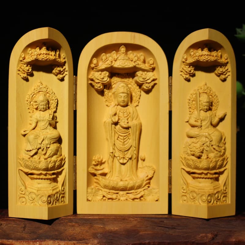 Boxwood three-open box car ornaments, various mixed wood carving ornaments, Buddha statues, small portable literature and toys, support customization