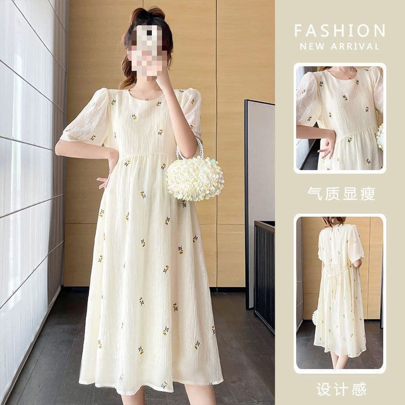 New Summer Maternity Dress with Short Puff Sleeves, Korean Round Neck, Slimming Fit