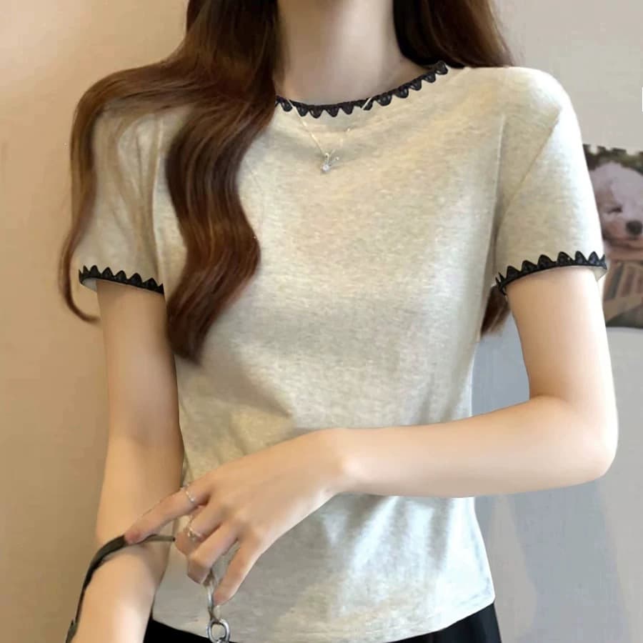 Simon Lena 2026 Summer New Beige Gray Short Sleeve T-Shirt for Women, Slim Fit, Contrast Color, Versatile, Unique Bleached