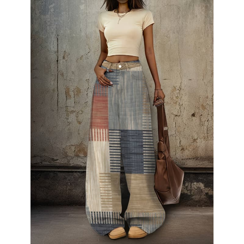 D 862 Women's Retro 3D Print Wide-Leg Jeans - Ombre Wash