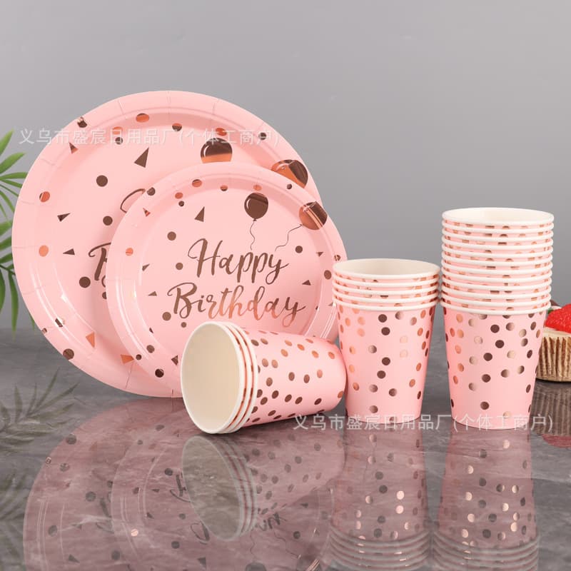 Disposable party paper plates and cups set pink hot stamping polka dot tableware lunch box disposable tableware four-piece set