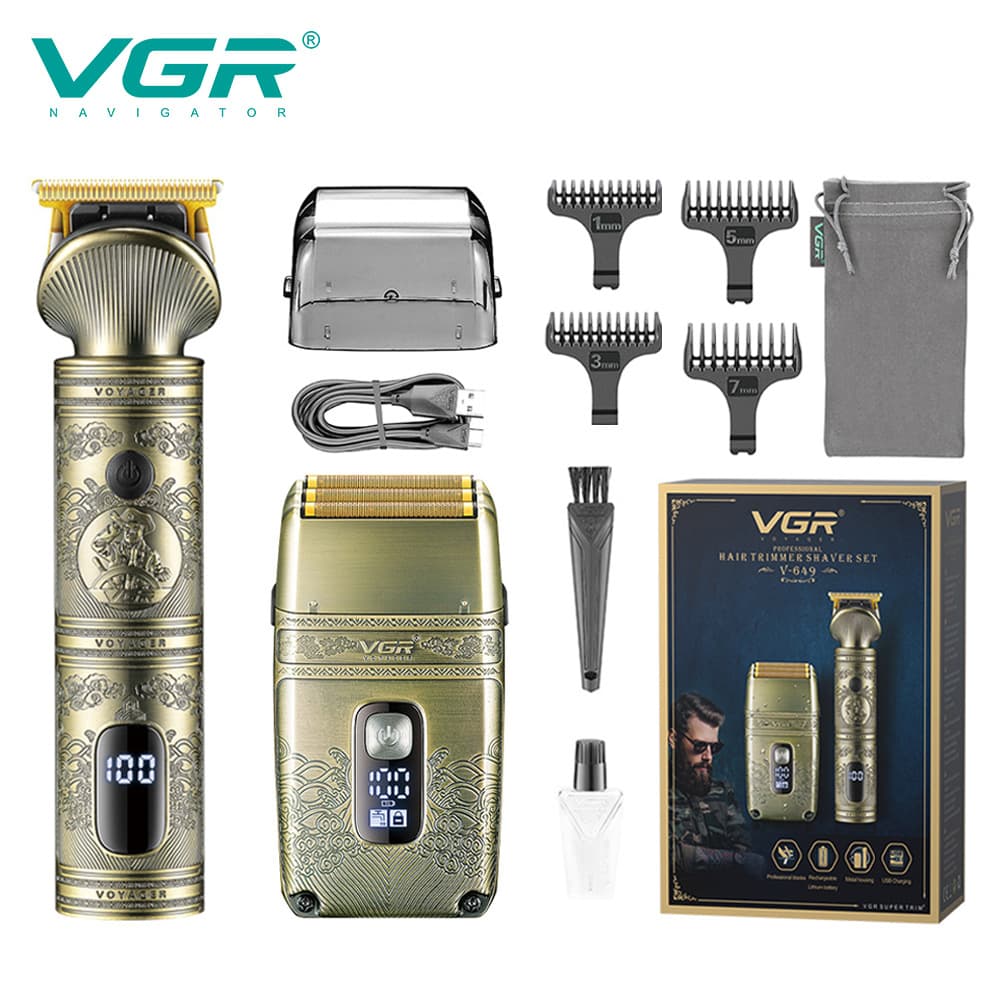 VGR649 Men's Electric Hair Clipper Set Stainless Steel Blade Metal Shell Carving Design Rechargeable Hair Trimmer Kit