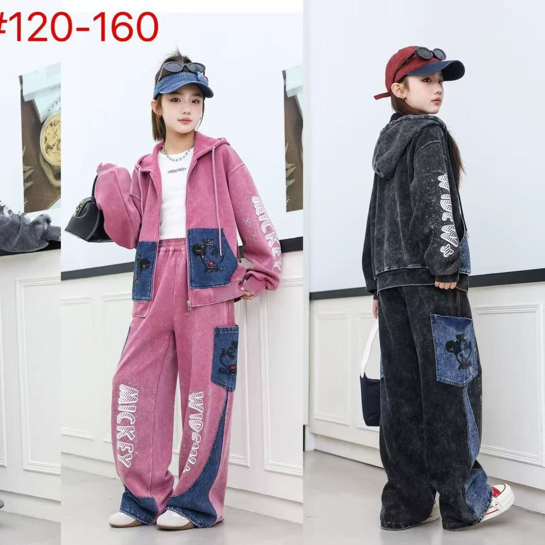 Qiqi girls autumn children's suit hooded zipper shirt and denim wide-leg pants two-piece set medium and large children's woven lining children's clothing