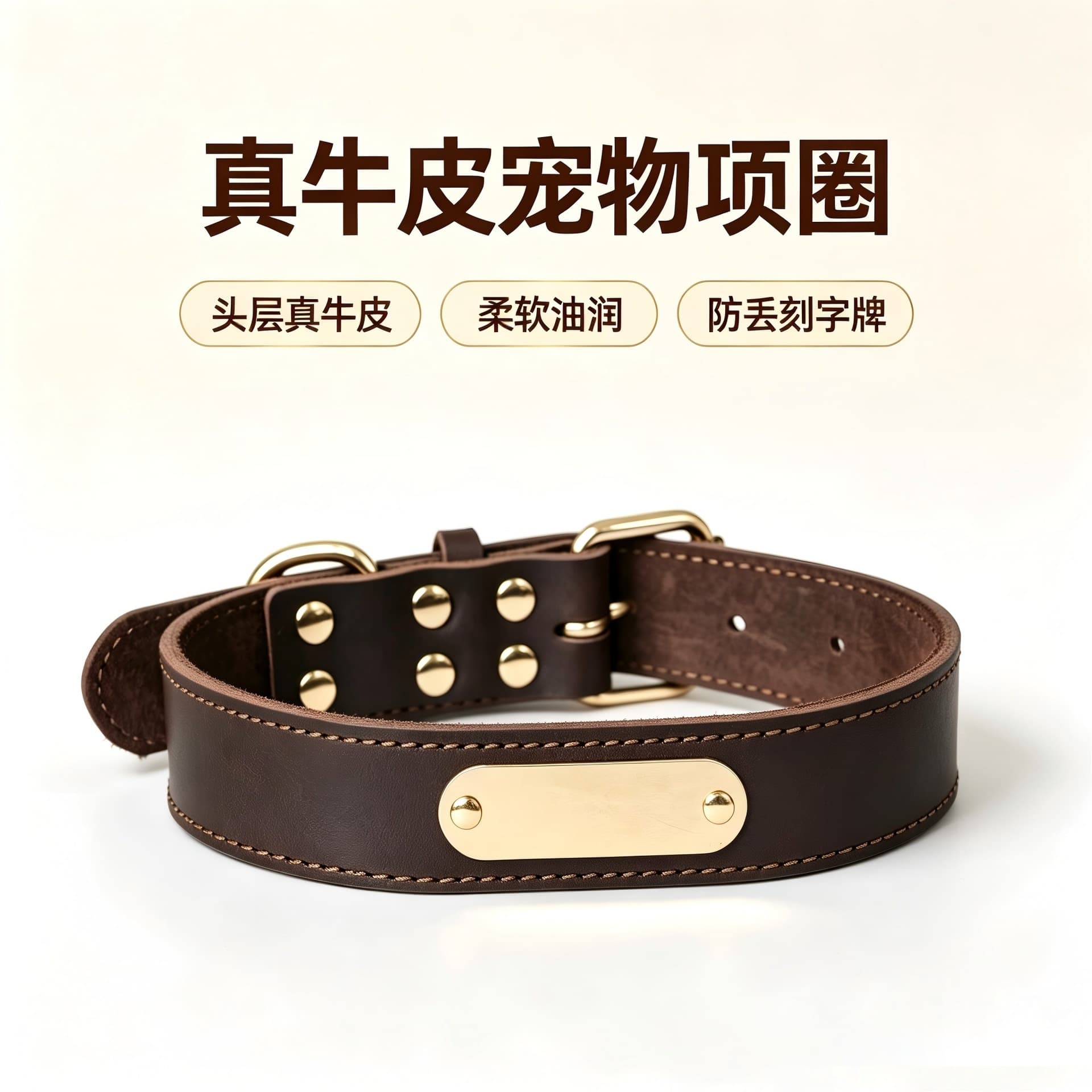 First-layer cowhide pet collar, genuine leather neck collar, nameplate, metal engraving plate, anti-lost ID tag, anti-lost stimulus