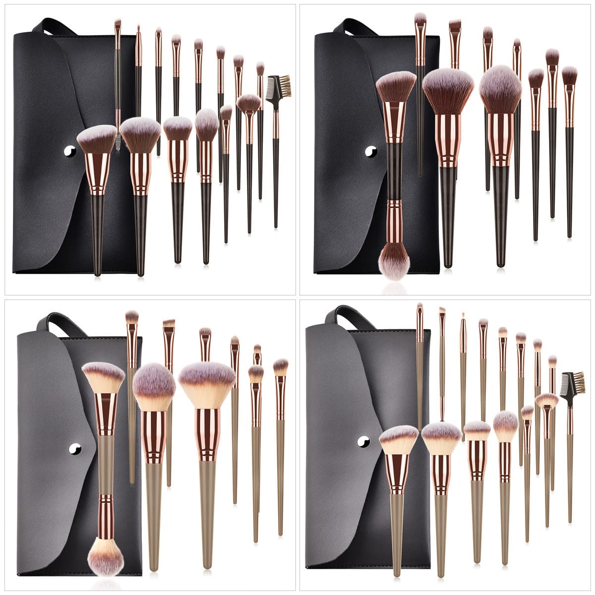 7-10-15 Piece Brown Makeup Brush Set + Brush Bag Includes Blush Brush, Powder Brush, Flame Powder Brush
