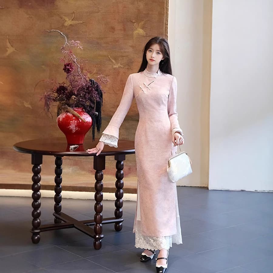 Pink Vintage Traditional Modified Cheongsam Long Sleeve Retro Republic of China Style 2025 Early Spring New Daily Wear Fake Two-Piece Dress