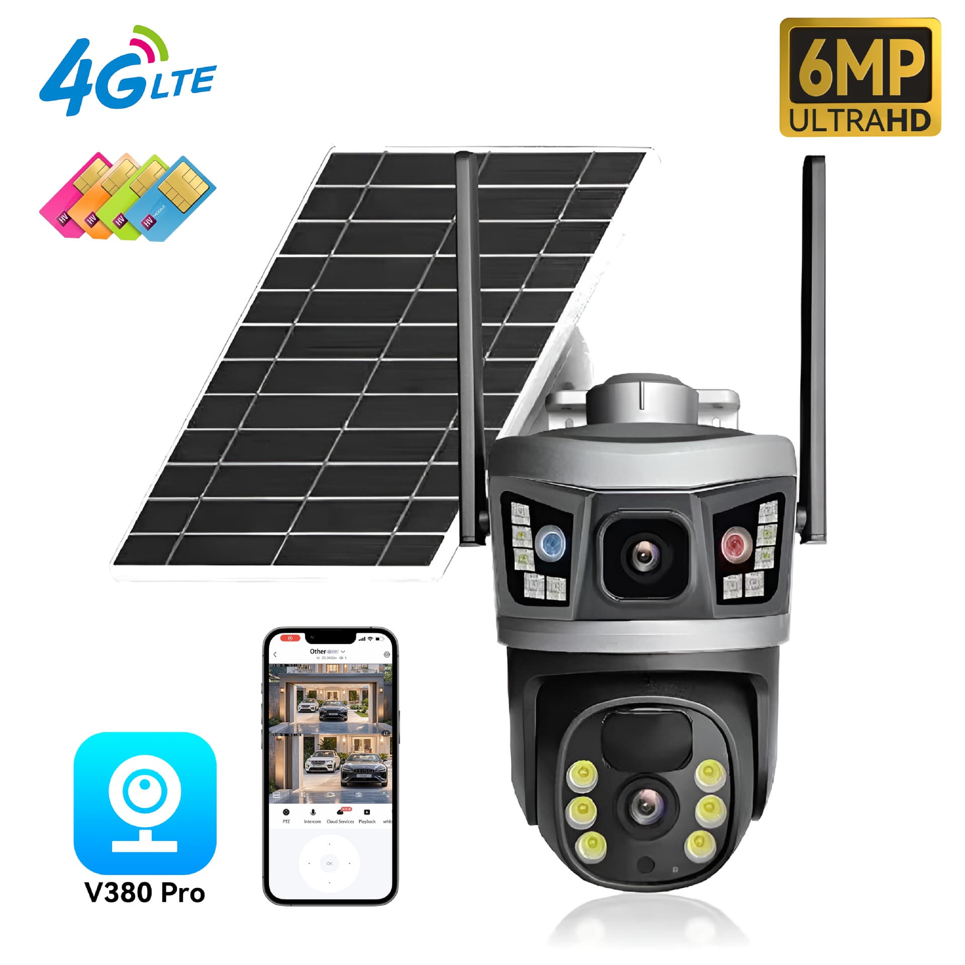 Solar-powered 4G panoramic V380 monitor with wireless mobile phone remote control, outdoor dual-lens PTZ camera.
