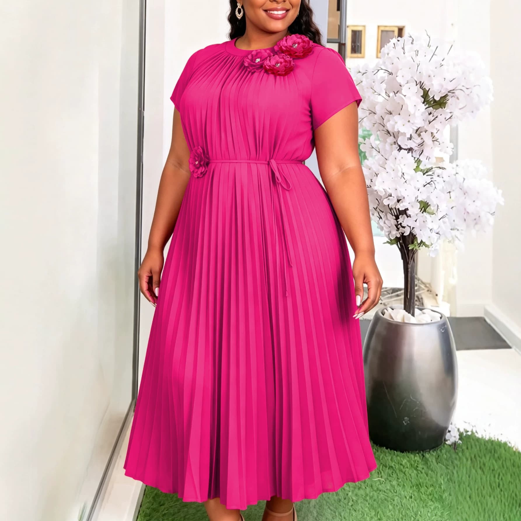 Cross-border Plus Size Women's Dress Rose Red 3D Floral Pleated Skirt Elegant Fashion Party Dress