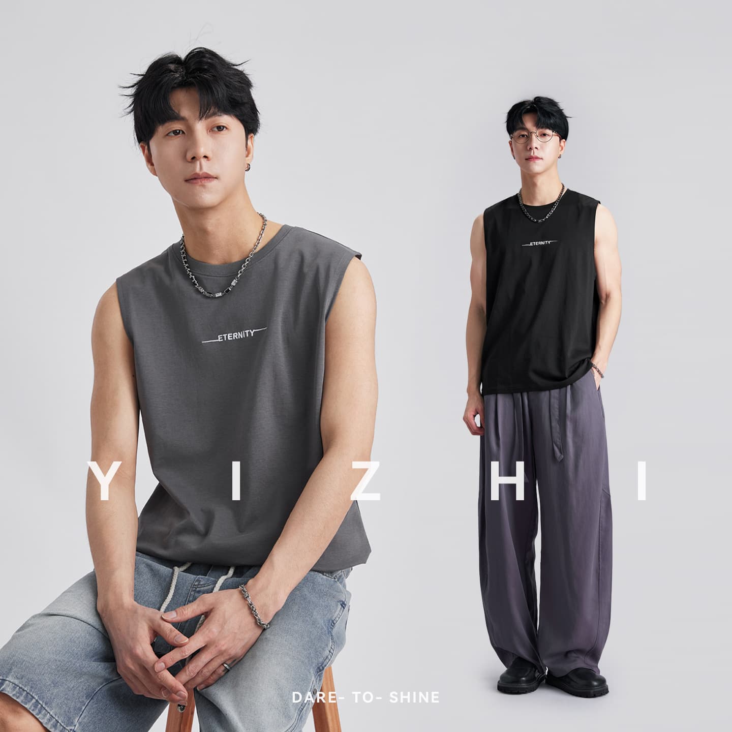 Yizhi Simple Letter Print Short Sleeve Vest Men's Summer Loose Comfortable Breathable Commuter Sports Sleeveless T-Shirt