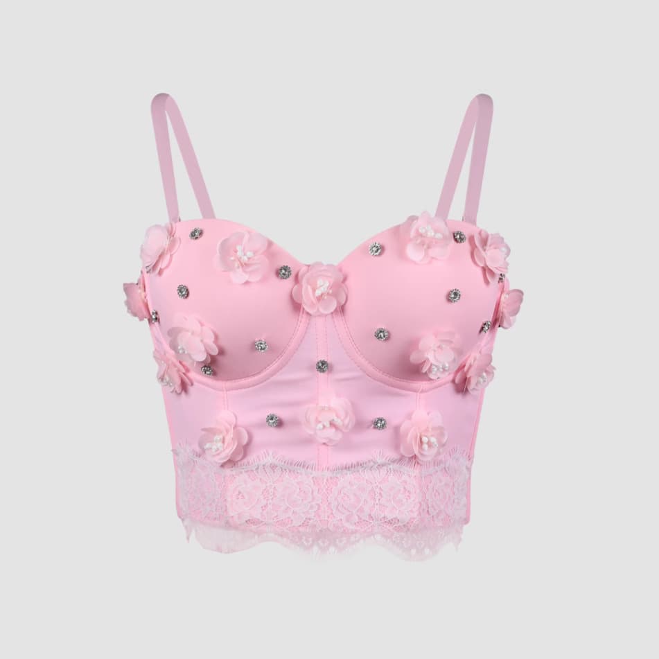 Luqiuguo Strap Floral Beaded Boned Corset with Padded Cups High-End Sexy Club Strapless Top DB1861