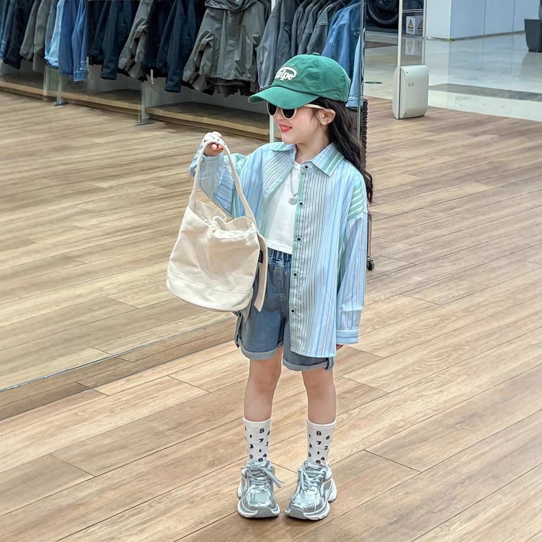 Girls Spring/Summer Casual Lightweight Cotton Green Stripe Shirt + Rolled Hem Denim Shorts + White T-Shirt