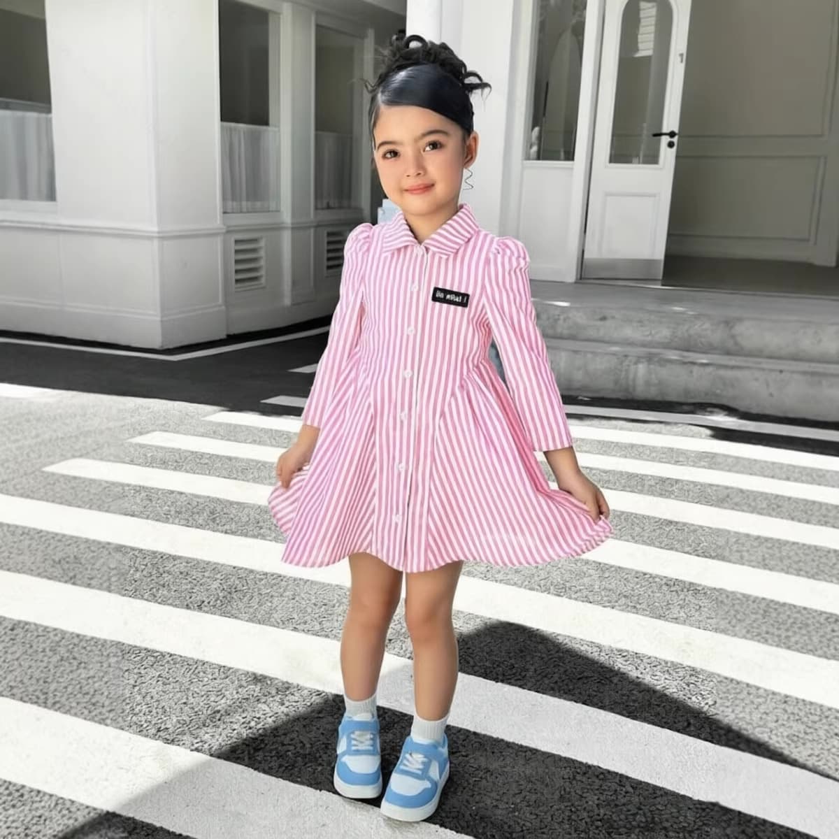 Boys and Girls Vacation Casual Outfit Matching Knitted Long Sleeve Striped Collar Tie Casual Dress Spring Autumn Style