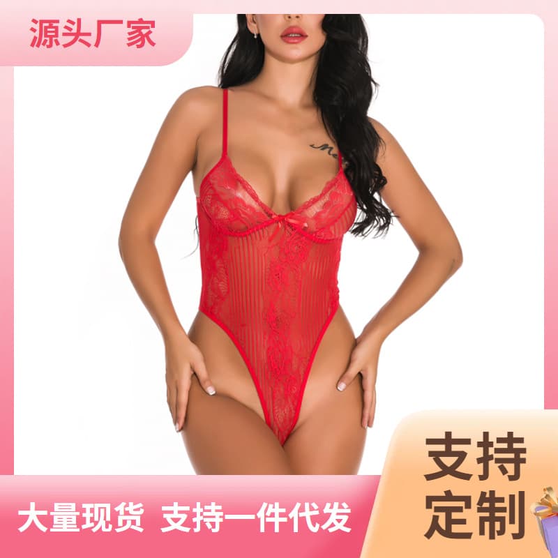 Women's Sexy Lingerie Spring Summer Deep V Lace See-Through Hot Bodysuit Costume Set In Stock