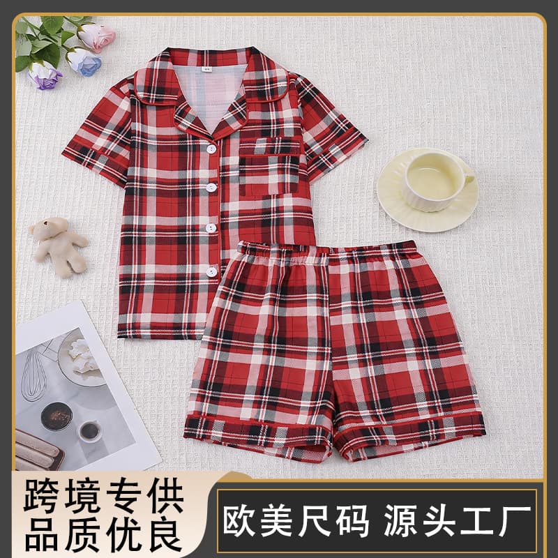 Short Sleeve Shorts Pajama Set for Women and Children, Plaid Print, Moisture-Wicking, Summer Sleepwear, Export Hot Style