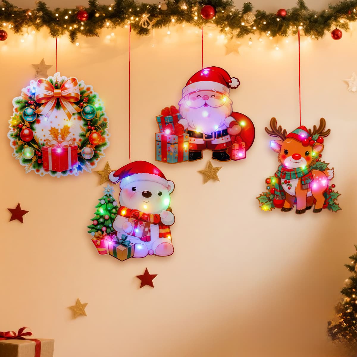 Cross-border Santa Claus Glowing Door Hanging Decoration Christmas Home DIY Colorful Lights Snowman Scene Hanging Ornament