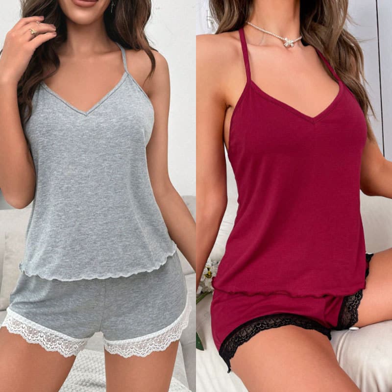 Gray burgundy modal halterneck lace beautiful back suspender suit women's lace shorts soft and breathable home pajamas