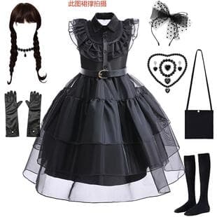 Cross-Border Halloween Wednesday Adams Black Dress Cosplay Costume Girls Performance Dress