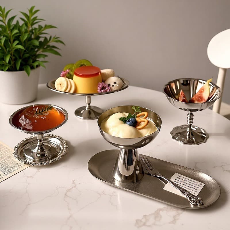 Creative Coffee Cup Pudding Cup Tall Stainless Steel Creative Tableware Plate Dessert Snack Plate Embossed Coaster Set