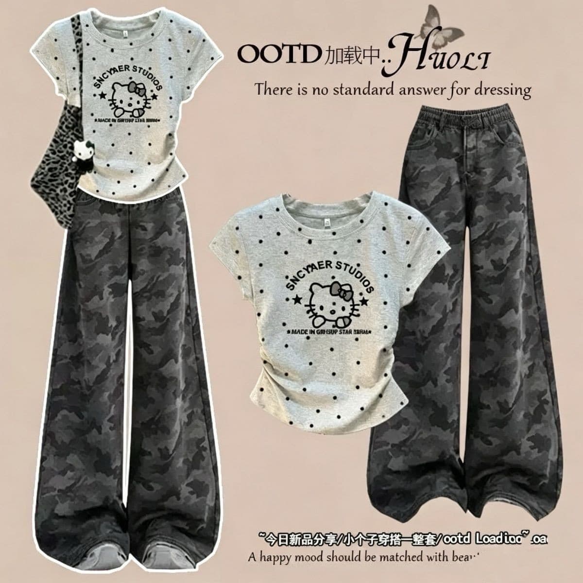 Summer new sweet and cool girl Korean polka dot short-sleeved T-shirt for big kids camouflage jeans two-piece set