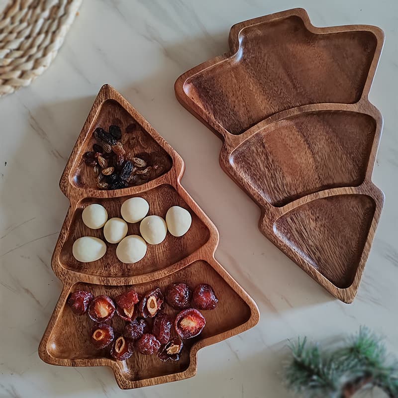 Walnut Christmas Tree Plate Wooden Divided Dinner Plate Creative New Chinese Style Breakfast Plate Snack Dish Dry Fruit Plate