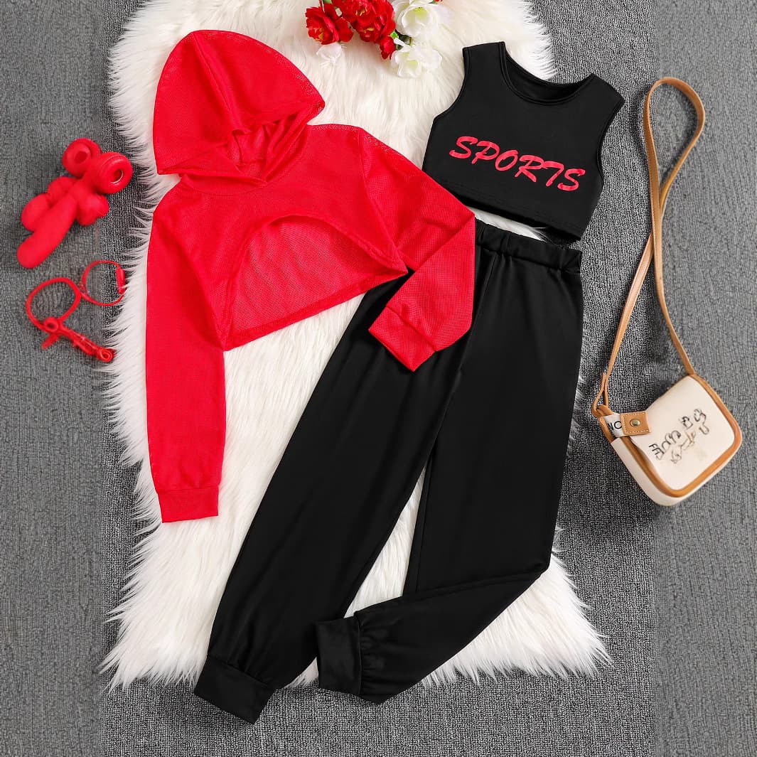 Girls suit spring and autumn hooded mesh short sweatshirt vest trousers casual three-piece suit sports European and American style