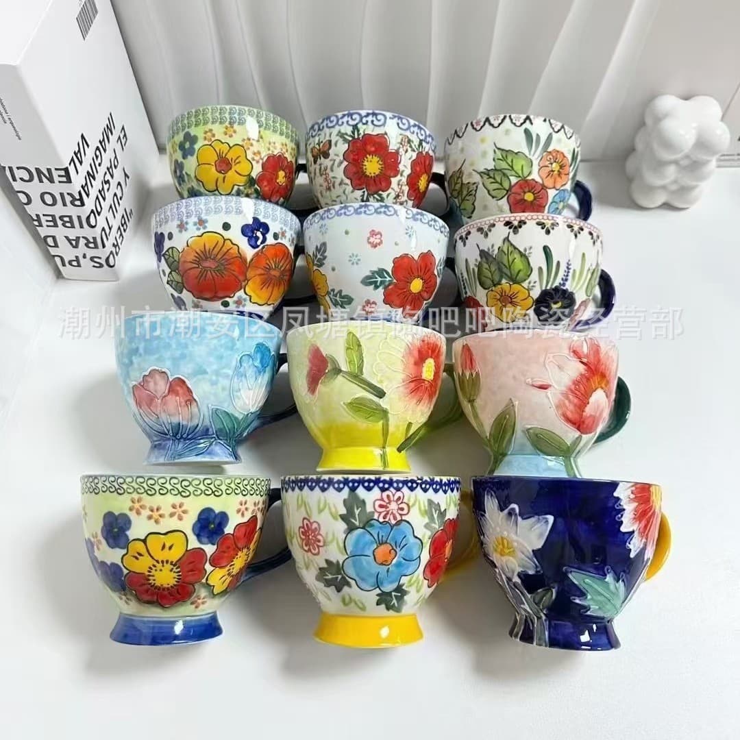 Ins style hot-selling hand-painted relief ceramic breakfast cup oatmeal cup large-capacity textured underglaze color household ceramic cup