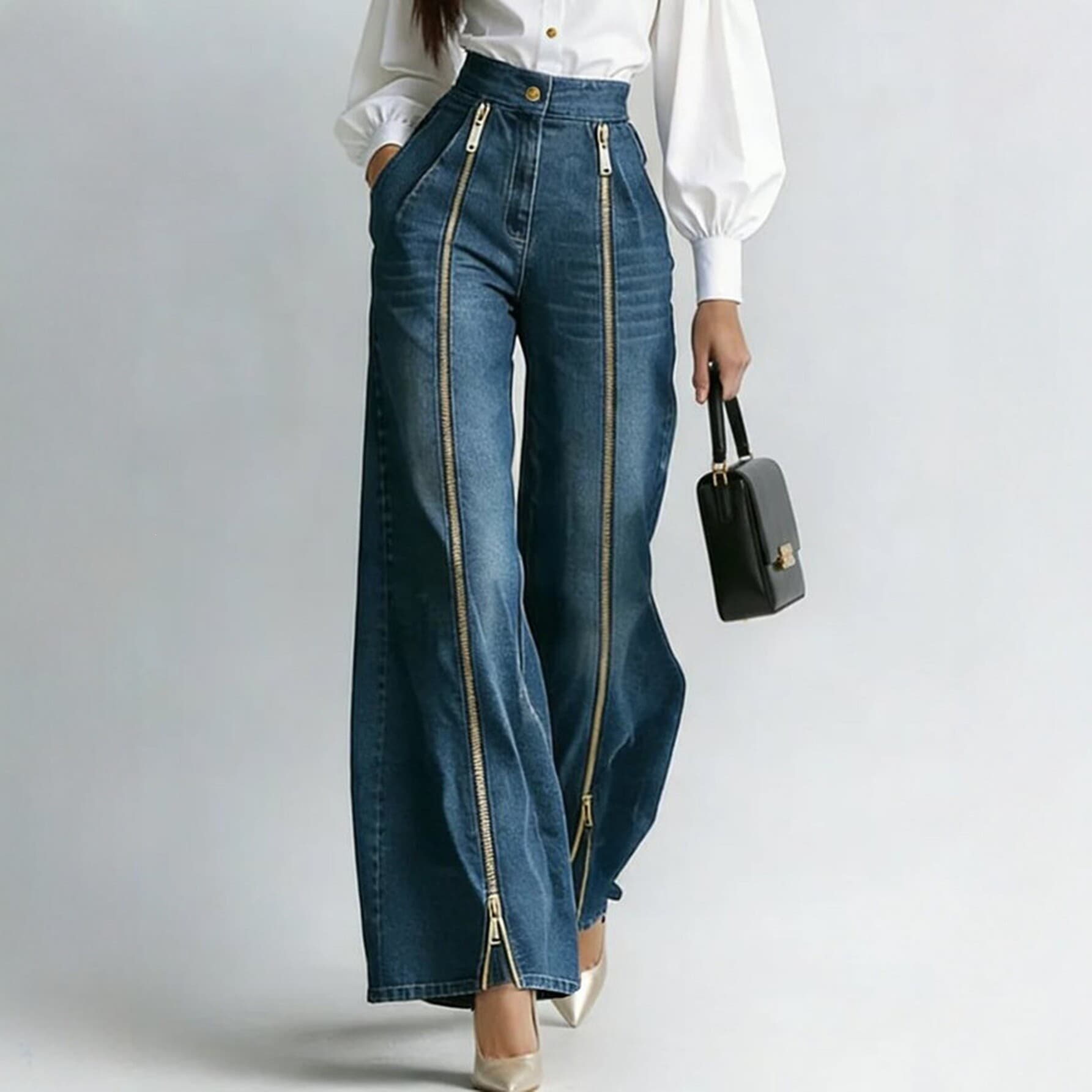 Retro Cross-Border Women's Jeans 2026 New European & American Street Style Mid-Rise Wide-Leg Personalized Zipper Denim